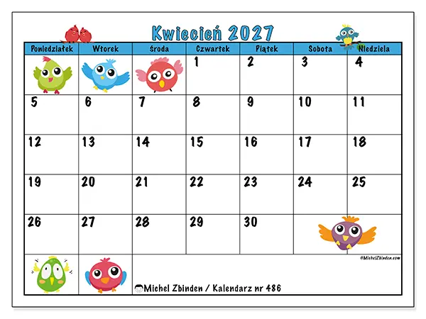 Kalendarz do druku na kwiecień 2027 - Ptaki