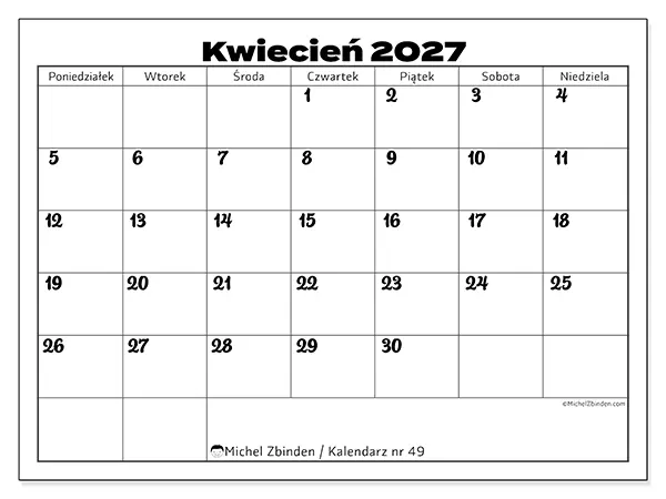 Kalendarz do druku na kwiecień 2027 - Koordynacja pracy