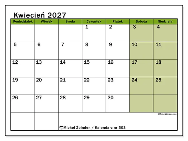 Kalendarz do druku na kwiecień 2027 - Naturalne kolory