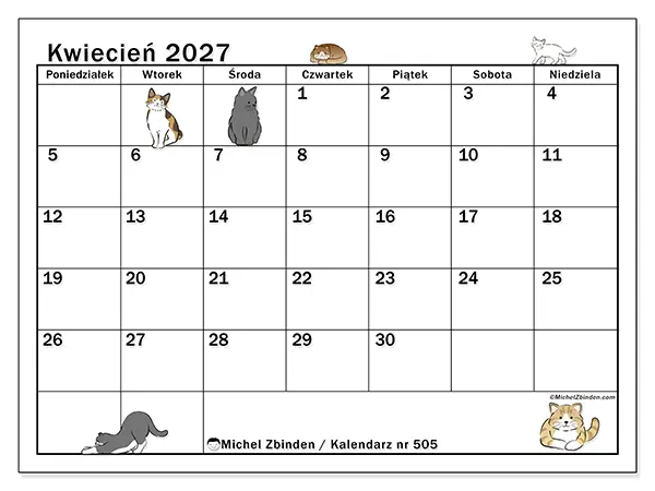 Kalendarz do druku na kwiecień 2027 - Życie kota