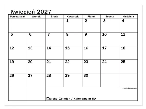 Kalendarz do druku na kwiecień 2027 - Przejrzysty miesiąc