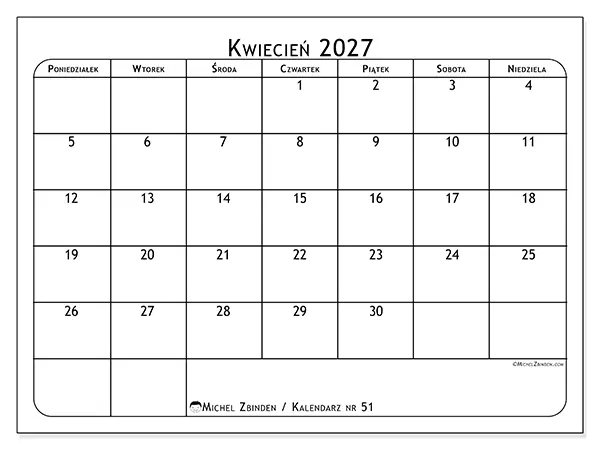 Kalendarz do druku na kwiecień 2027 - Planer posiłków