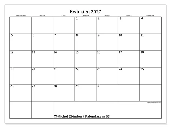 Kalendarz do druku na kwiecień 2027 - Czytelny harmonogram