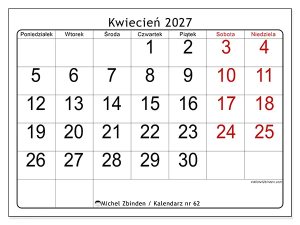 Kalendarz do druku na kwiecień 2027 - Szybki przegląd