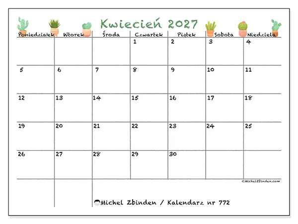 Kalendarz do druku na kwiecień 2027 - Dekoracyjne kaktusy