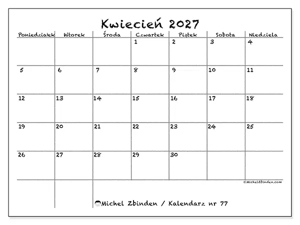 Kalendarz do druku na kwiecień 2027 - Szkoła i rodzina