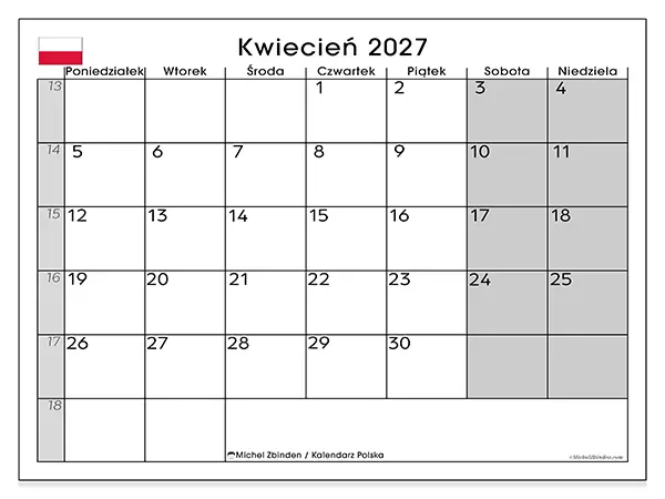 Kalendarz do druku na kwiecień 2027 - Polska