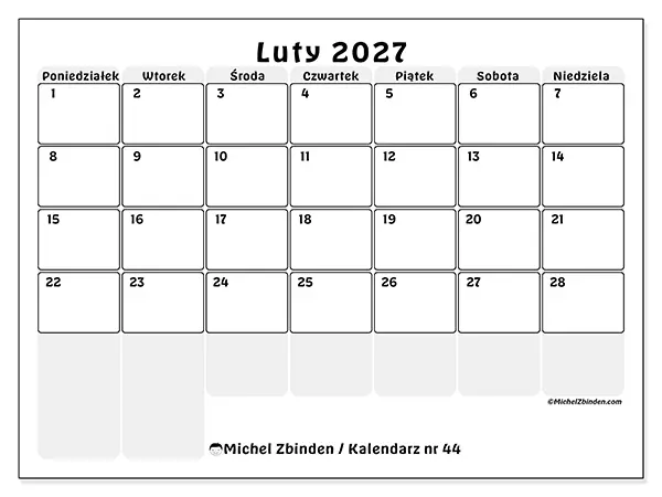 Kalendarz do druku na luty 2027 - Uporządkowane planowanie