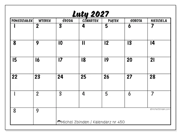 Kalendarz do druku na luty 2027 - Szczegółowy model