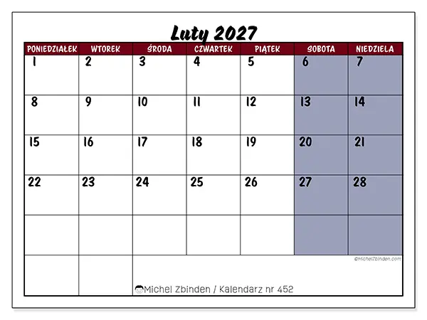 Kalendarz do druku na luty 2027 - Zadania w kolorze