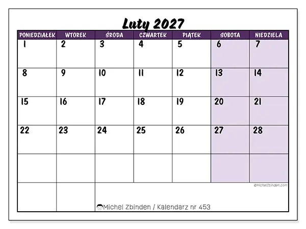 Kalendarz do druku na luty 2027 - Kolorowe zadania