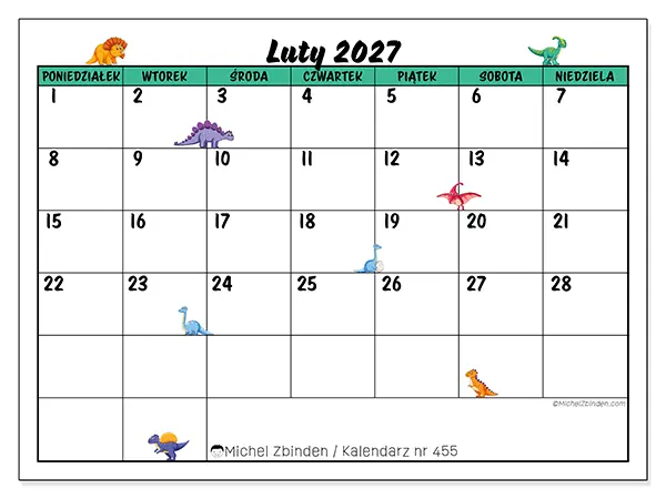 Kalendarz do druku na luty 2027 - Małe dinozaury