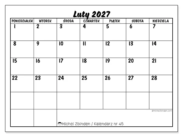 Kalendarz do druku na luty 2027 - Sukces szkolny