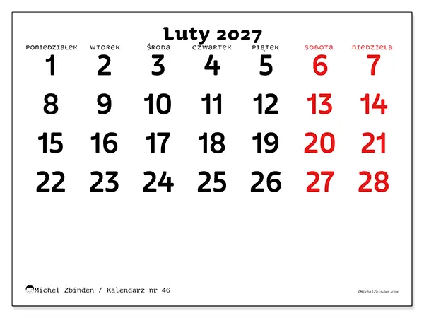 Kalendarz do druku na luty 2027 - Jasna wizja