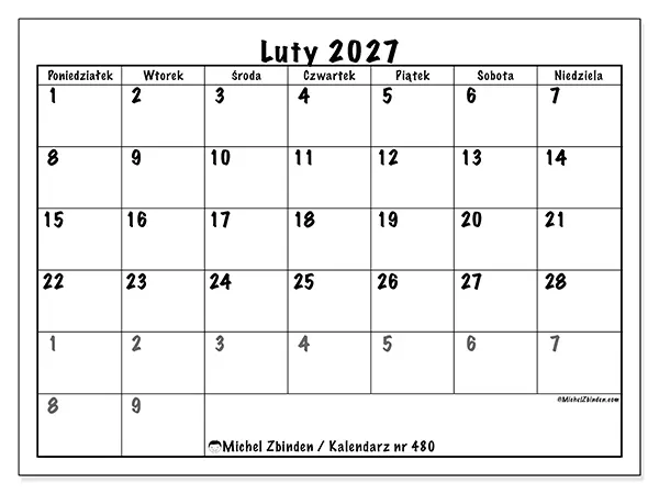 Kalendarz do druku na luty 2027 - Pełne planowanie