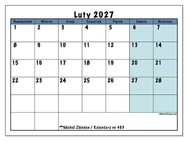 Kalendarz do druku na luty 2027 - Struktura dla szkoły
