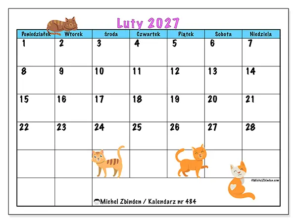 Kalendarz do druku na luty 2027 - Miłość do kotów