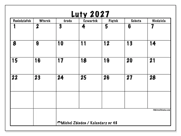 Kalendarz do druku na luty 2027 - Codzienne plany
