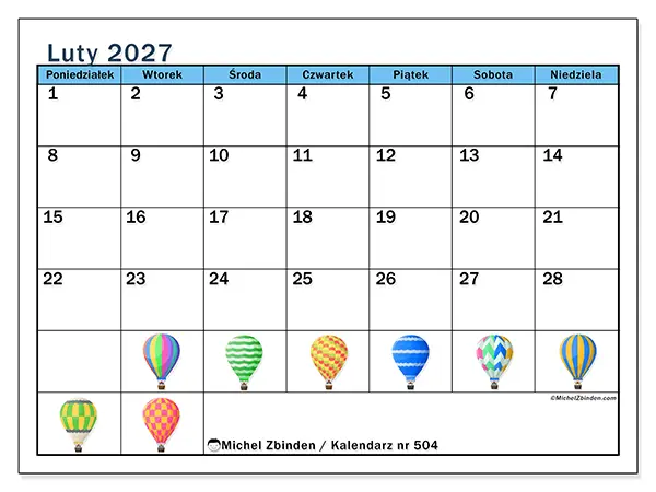 Kalendarz do druku na luty 2027 - Balony na gorące powietrze