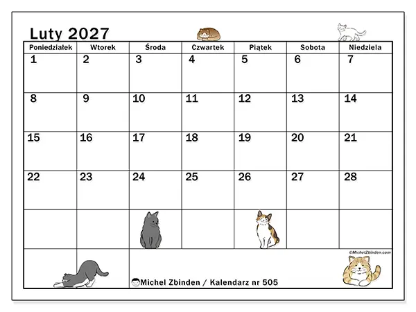 Kalendarz do druku na luty 2027 - Życie kota