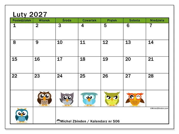 Kalendarz do druku na luty 2027 - Sowy