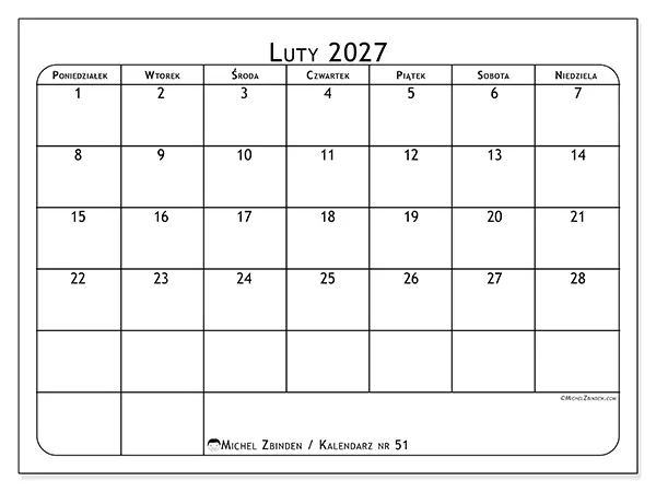 Kalendarz do druku na luty 2027 - Planer posiłków