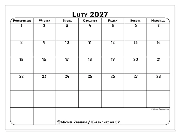 Kalendarz do druku na luty 2027 - Plan pracy