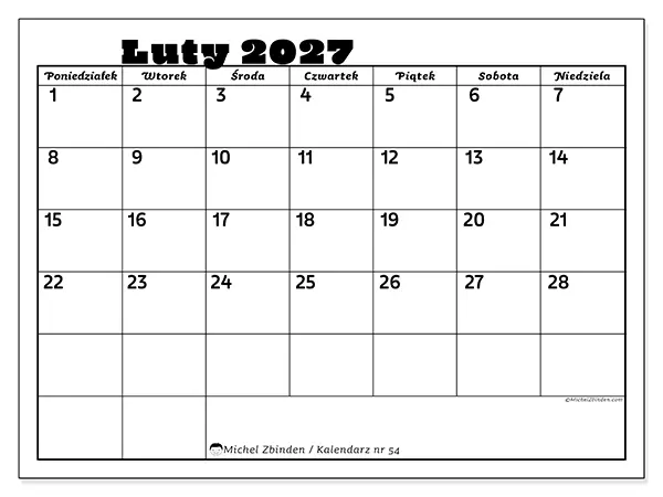 Kalendarz do druku na luty 2027 - Aktywności rodzinne