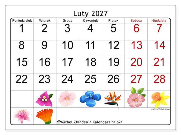 Kalendarz do druku na luty 2027 - Duże kwiaty