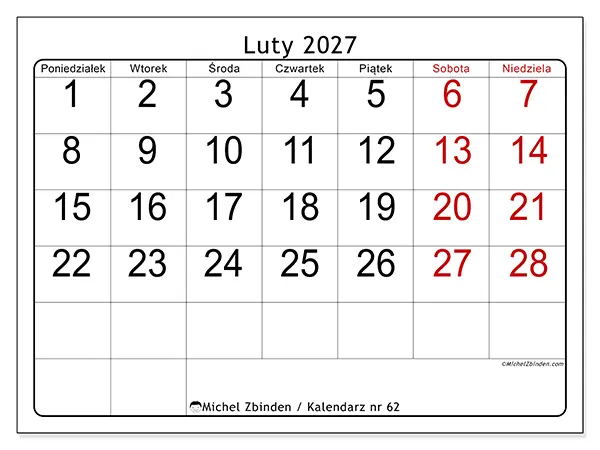 Kalendarz do druku na luty 2027 - Szybki przegląd