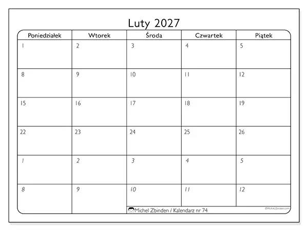 Kalendarz do druku na luty 2027 - Dni robocze