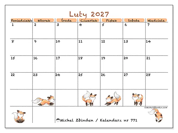Kalendarz do druku na luty 2027 - Rysunki lisów