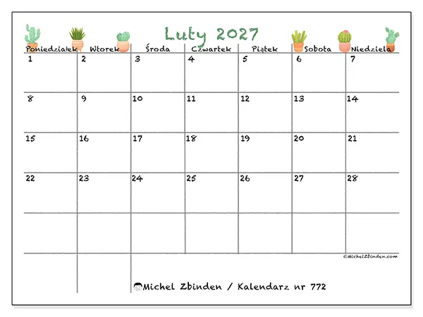 Kalendarz do druku na luty 2027 - Dekoracyjne kaktusy