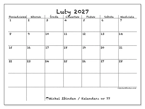Kalendarz do druku na luty 2027 - Szkoła i rodzina