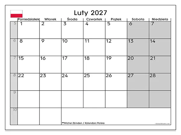 Kalendarz do druku na luty 2027 - Polska