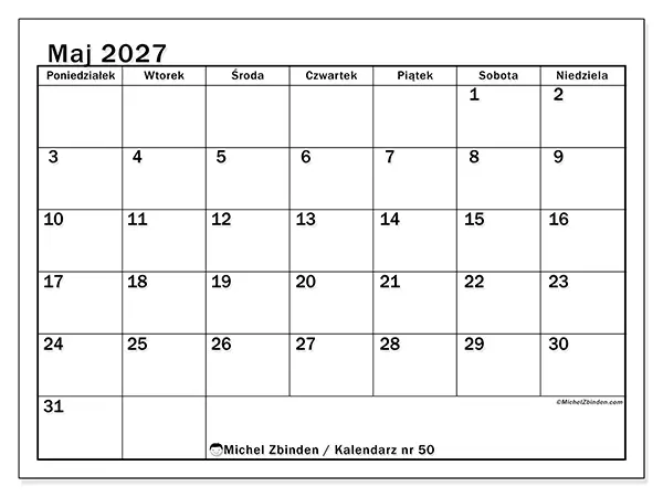 Kalendarz do druku na maj 2027 - Przejrzysty miesiąc