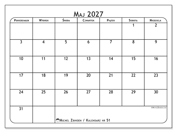 Kalendarz do druku na maj 2027 - Planer posiłków