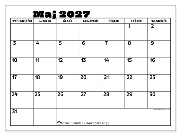 Kalendarz do druku na maj 2027 - Aktywności rodzinne