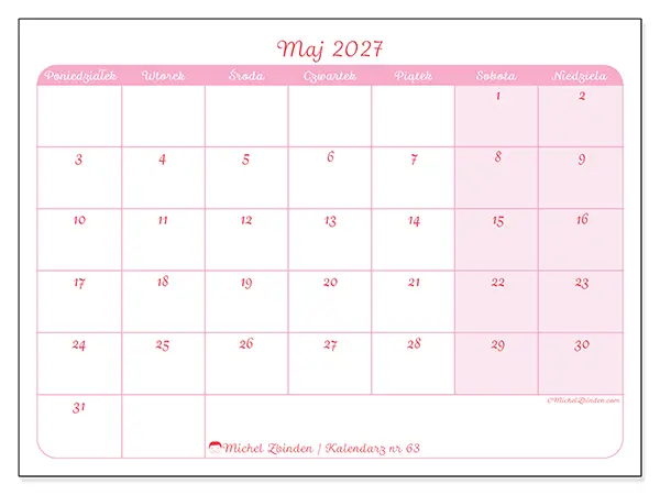 Kalendarz do druku na maj 2027 - Spokojny wygląd