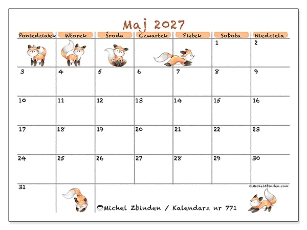 Kalendarz do druku na maj 2027 - Rysunki lisów