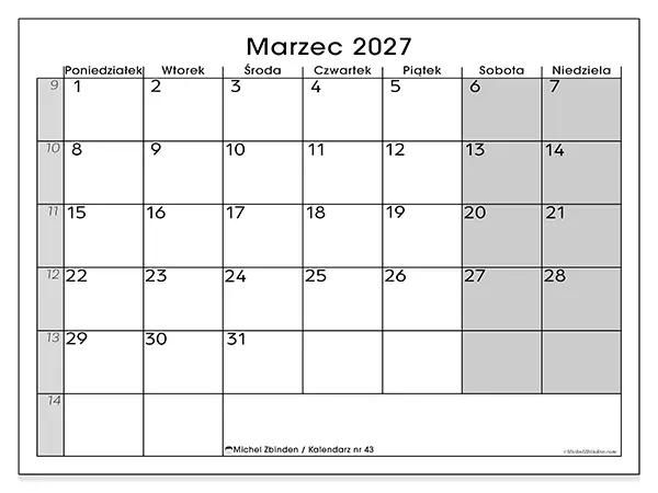 Kalendarz do druku na marzec 2027 - Przejrzysty widok