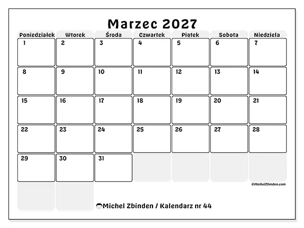 Kalendarz do druku na marzec 2027 - Uporządkowane planowanie