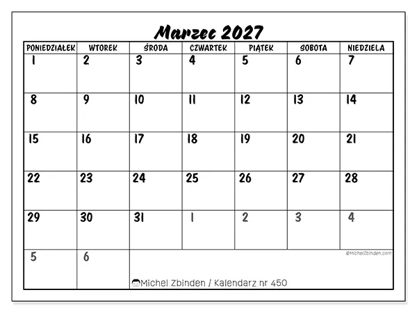 Kalendarz do druku na marzec 2027 - Szczegółowy model