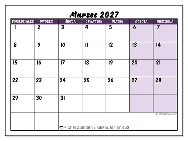 Kalendarz do druku na marzec 2027 - Kolorowe zadania