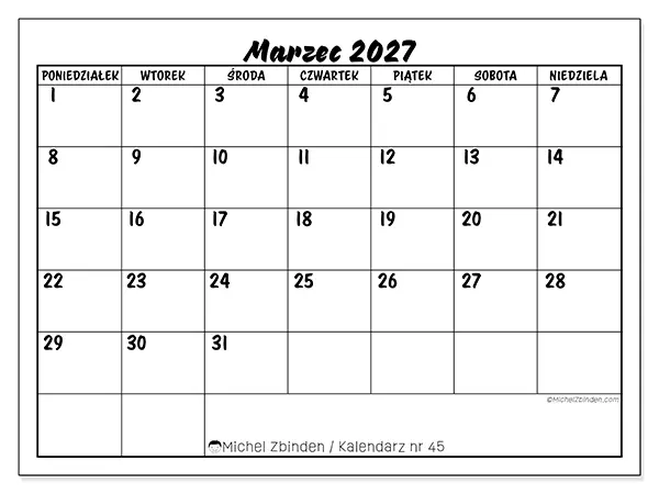 Kalendarz do druku na marzec 2027 - Sukces szkolny