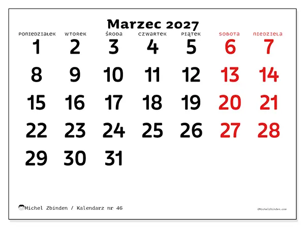 Kalendarz do druku na marzec 2027 - Jasna wizja