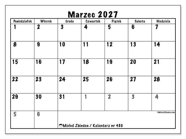 Kalendarz do druku na marzec 2027 - Pełne planowanie