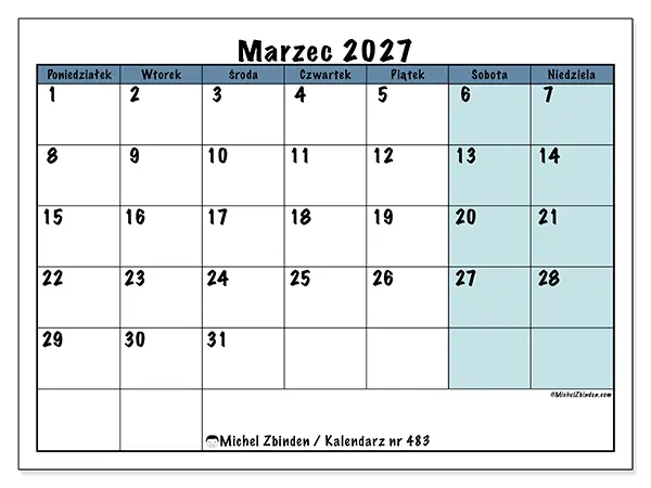 Kalendarz do druku na marzec 2027 - Struktura dla szkoły