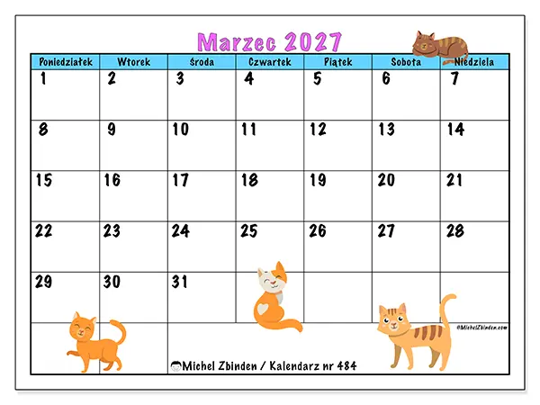 Kalendarz do druku na marzec 2027 - Miłość do kotów