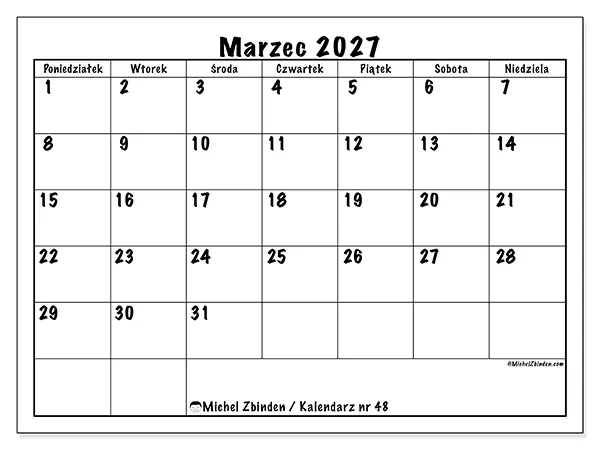 Kalendarz do druku na marzec 2027 - Codzienne plany